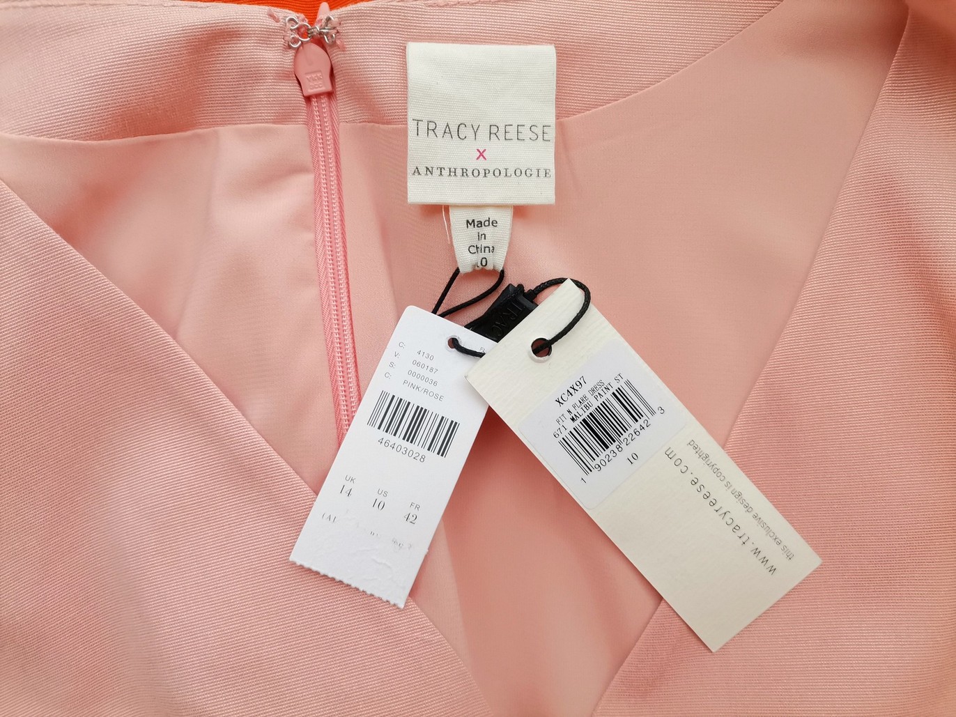 Tracy Reese Stl 10 (38) Färg Rosa V-ringning Skal Klänning Kortärmad Midi Material Rayon