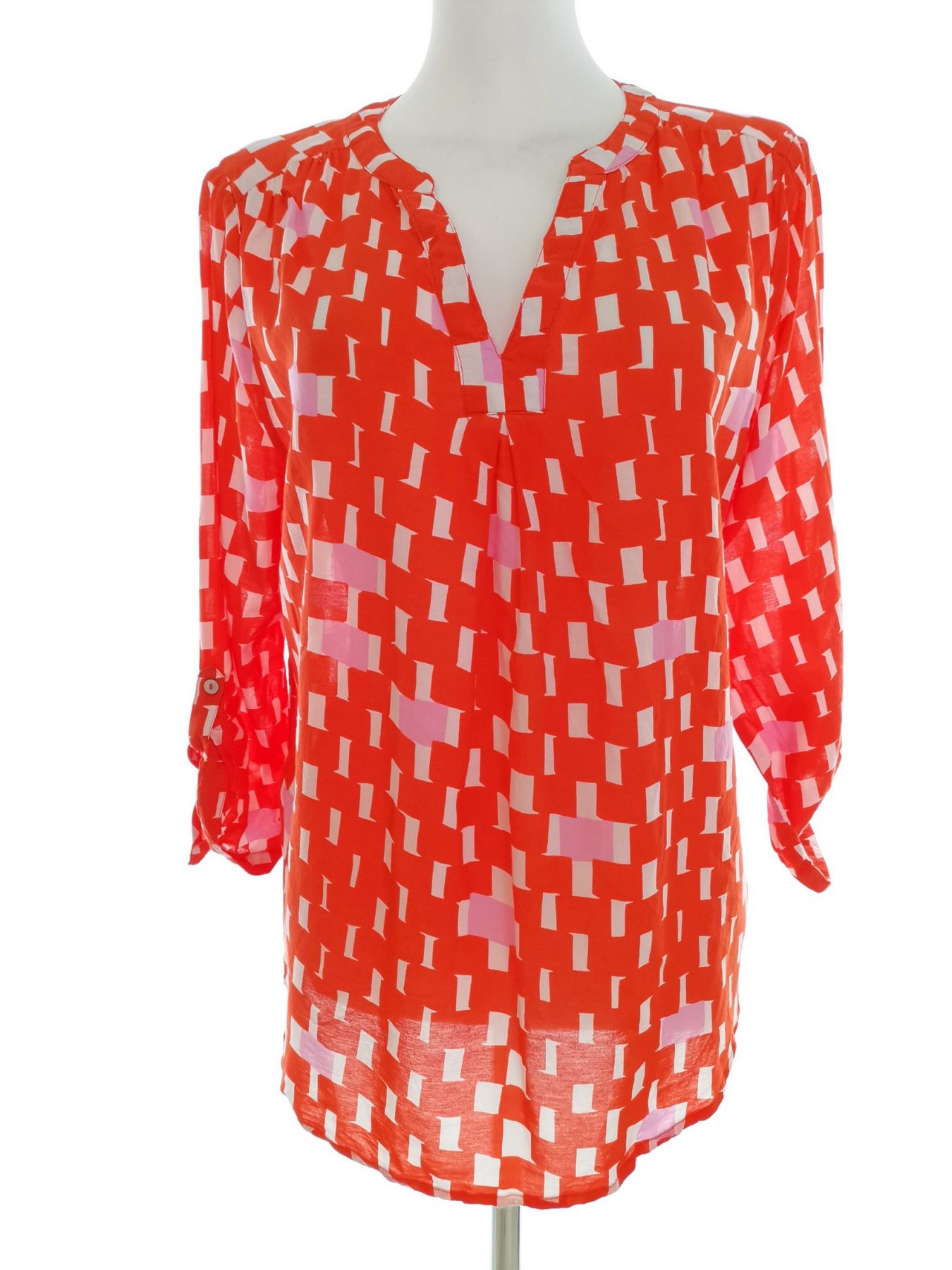 Jasper Conran Stl 14 (42) Färg Orange Geometrisk Split Crew Neck Blus ärm 3/4 Material Bomull