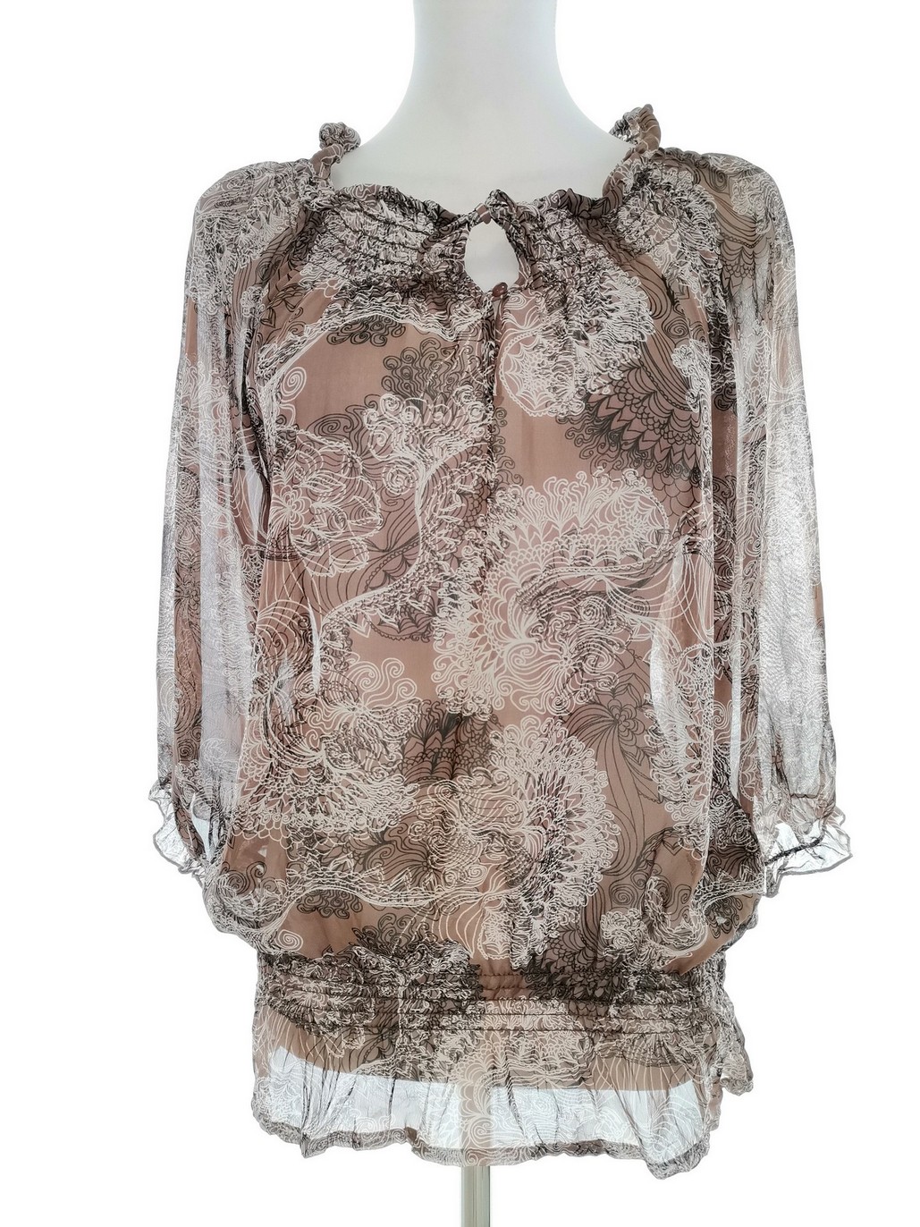 Fransa Stl S Färg Beige Paisley Rund urringning Tunika blus ärm 3/4