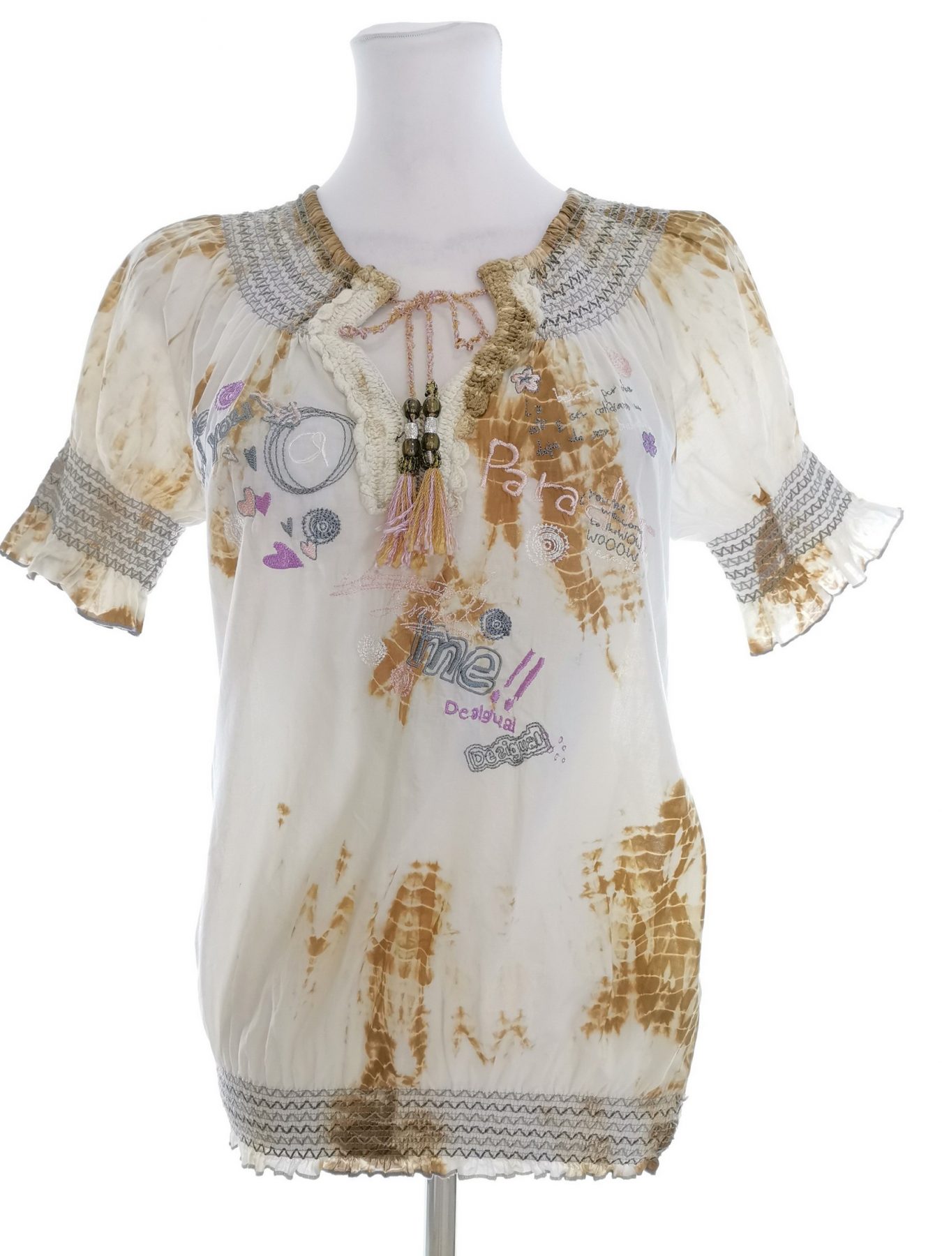 DESIGUAL Stl M Färg Elfenben Keyhole Crew Neck Blus Kortärmad Material Bomull 100%