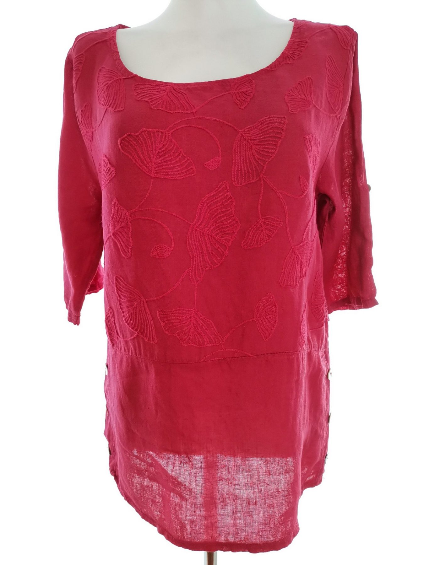 Stl S Färg Fuchsia Rund urringning Blus ärm 3/4 Material Lin 100%