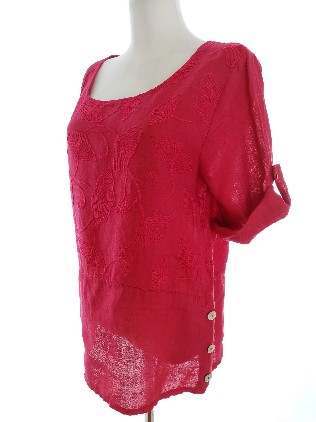 Stl S Färg Fuchsia Rund urringning Blus ärm 3/4 Material Lin 100%