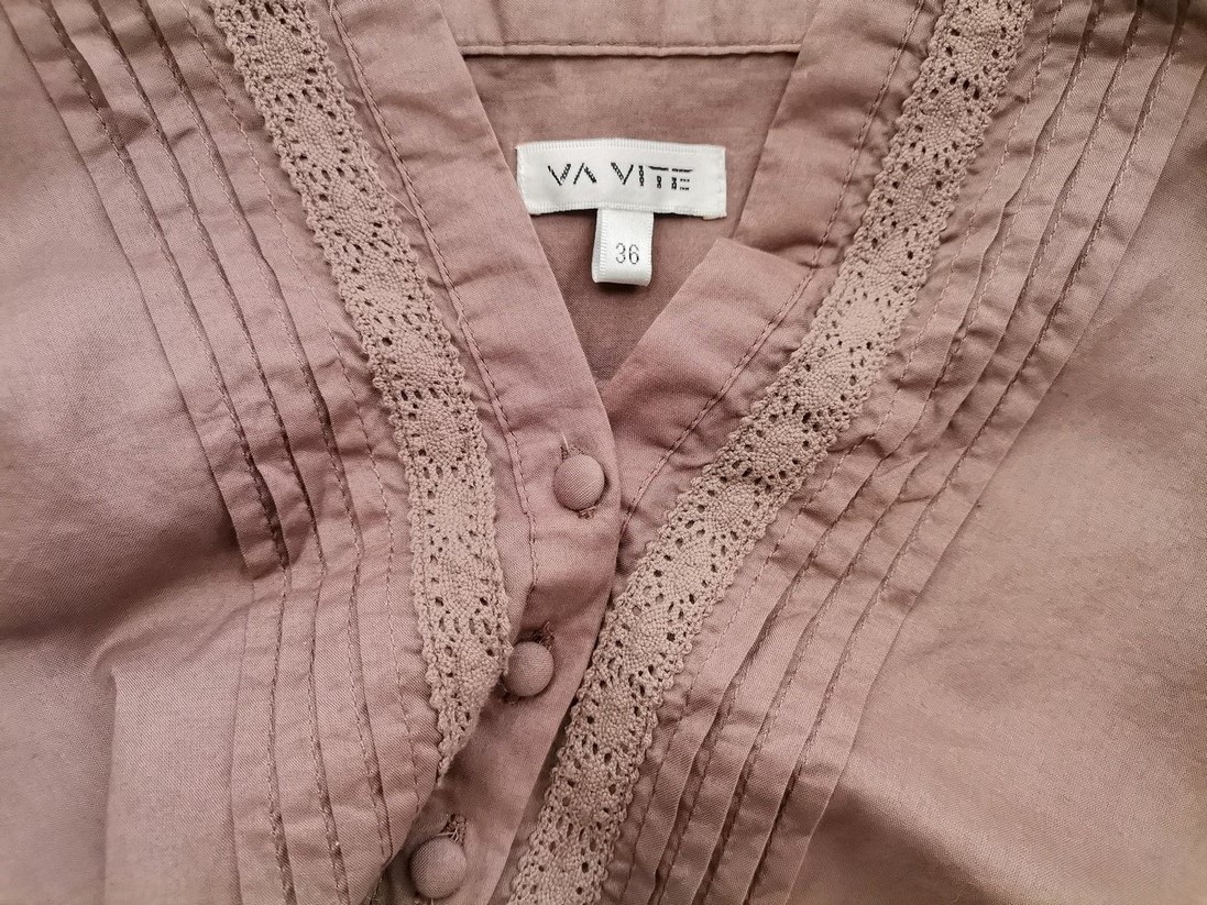 VA VITE Stl 36 Färg Brun Split Crew Neck Popover Tunika Blus Långärmad Material Bomull 100%