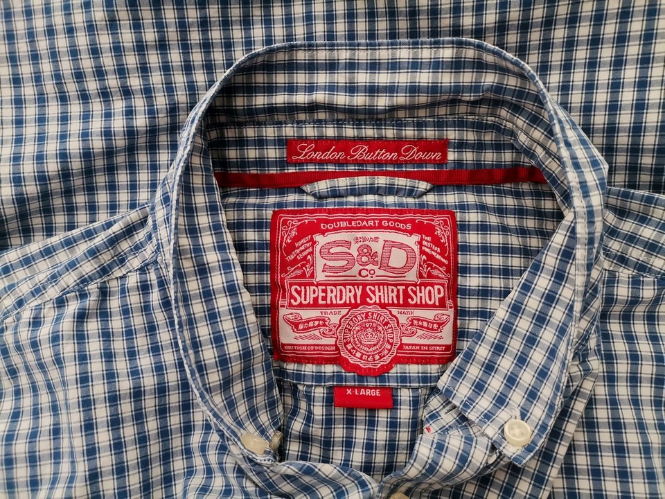 Superdry Stl XL Färg Blå Rutigt Krage Herr skjorta, casual Långärmad Material Bomull 100%