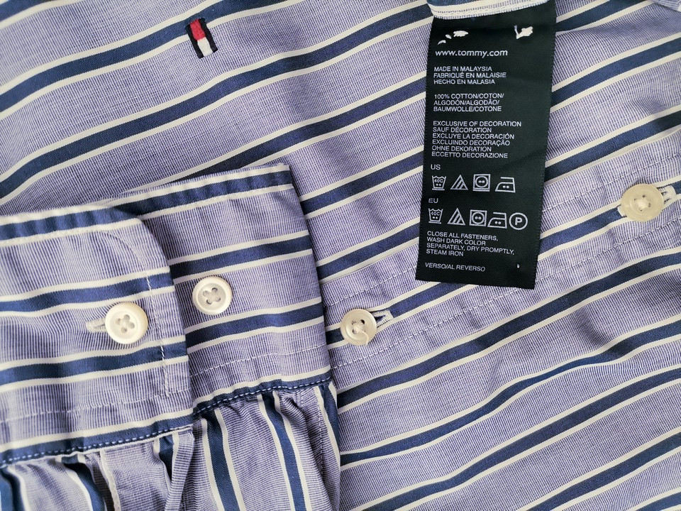 Tommy hilfiger Stl L Färg Blå Ränder Krage Herr skjorta, casual Långärmad Material Bomull 100%