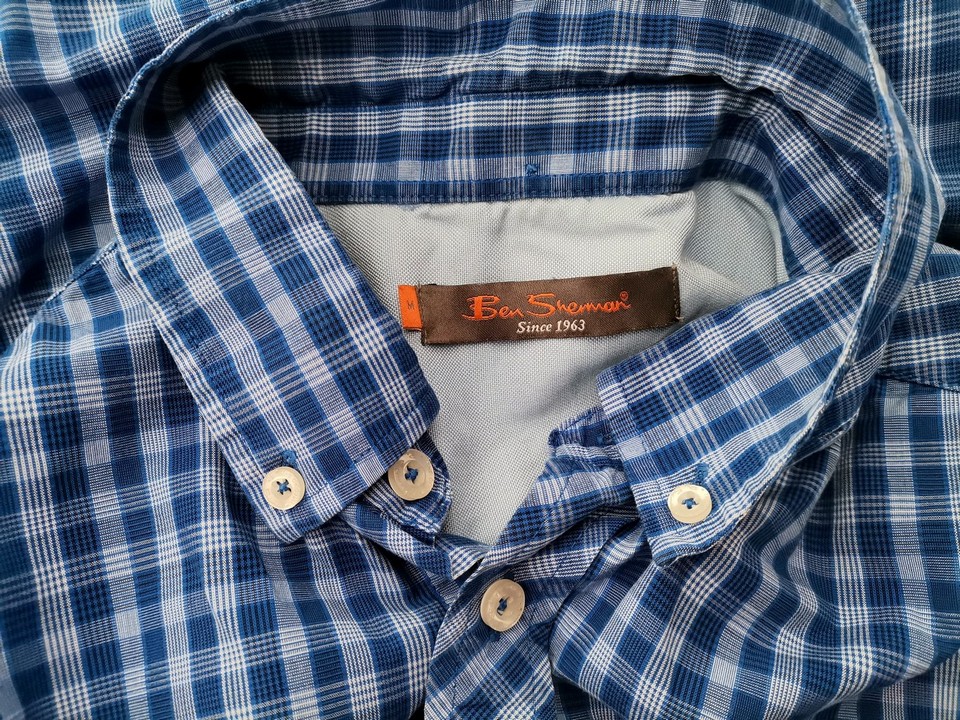 BEN SHERMAN Stl M Färg Blå Rutigt Krage Herr skjorta, casual Kortärmad Material Bomull 100%