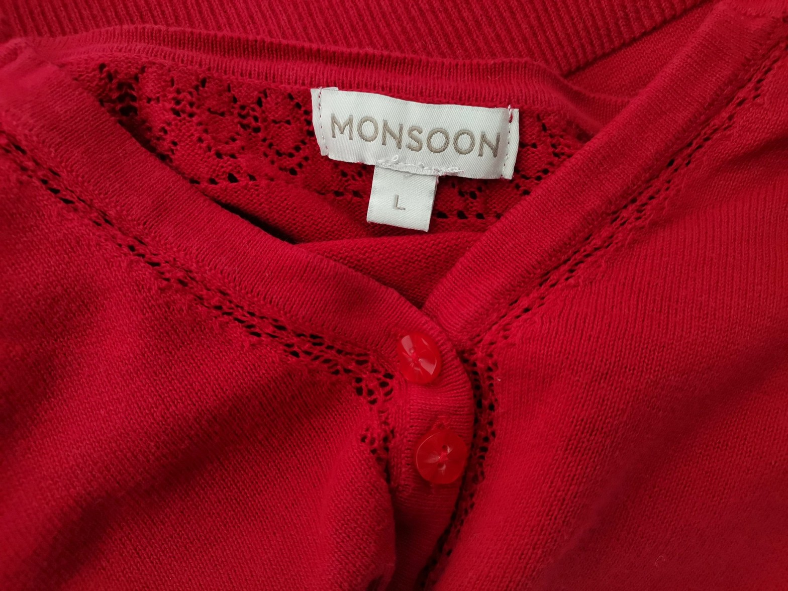 Monsoon Stl L Färg Röd Split Crew Neck Knäppt kofta ärm 3/4 Material Bomull 100% Finstickat