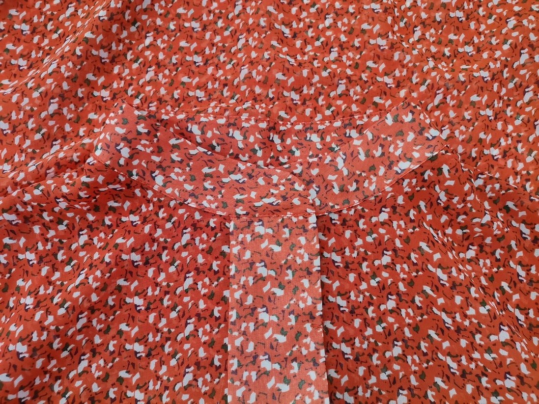 Vintage Stl 46/48 Färg Orange Krage Popover Blus Knappar ärm 3/4