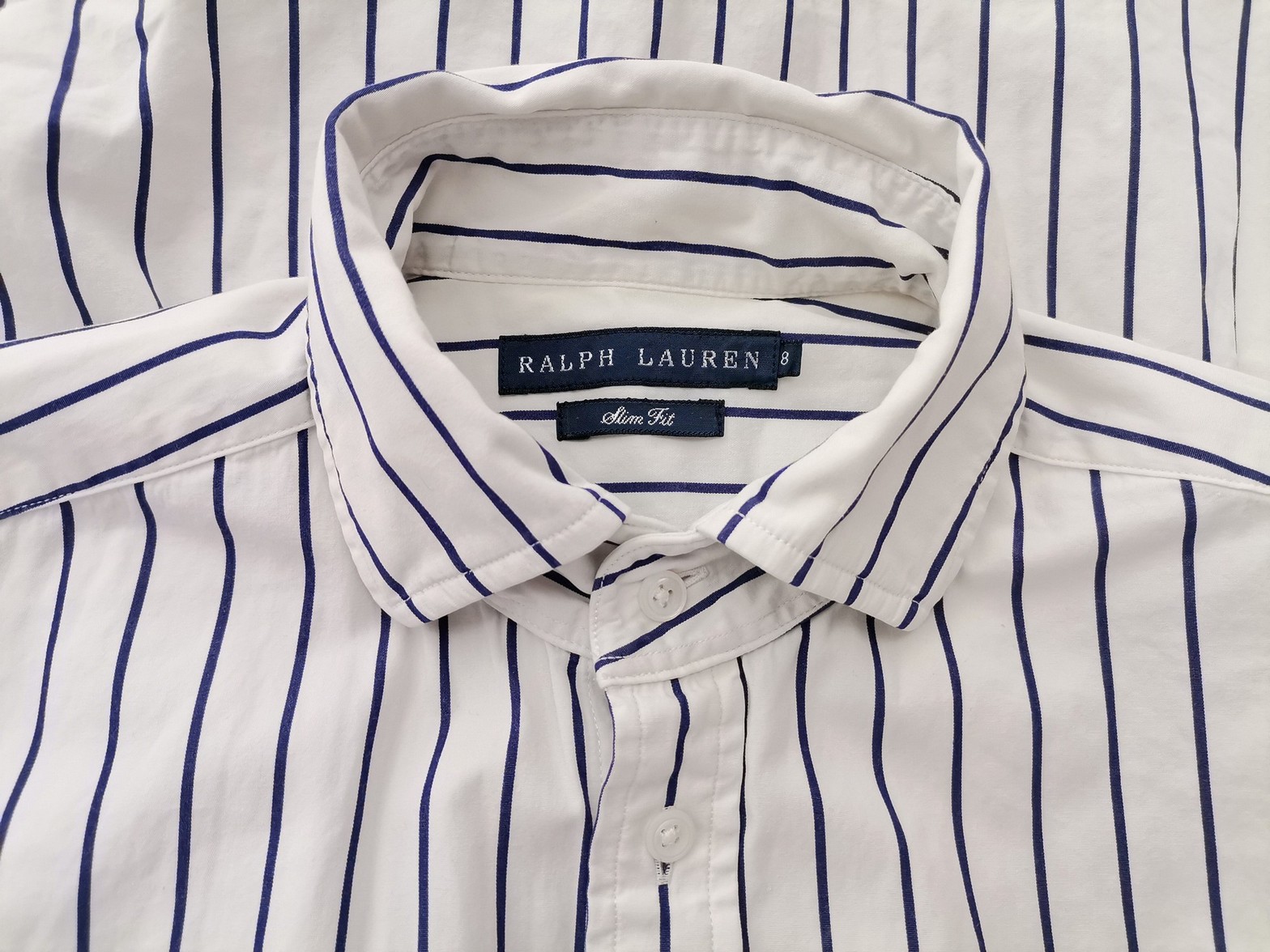 Ralph Lauren Stl 8 (36) Färg Vit Ränder Krage Knäppt Skjort Blus Långärmad Material Bomull 100%